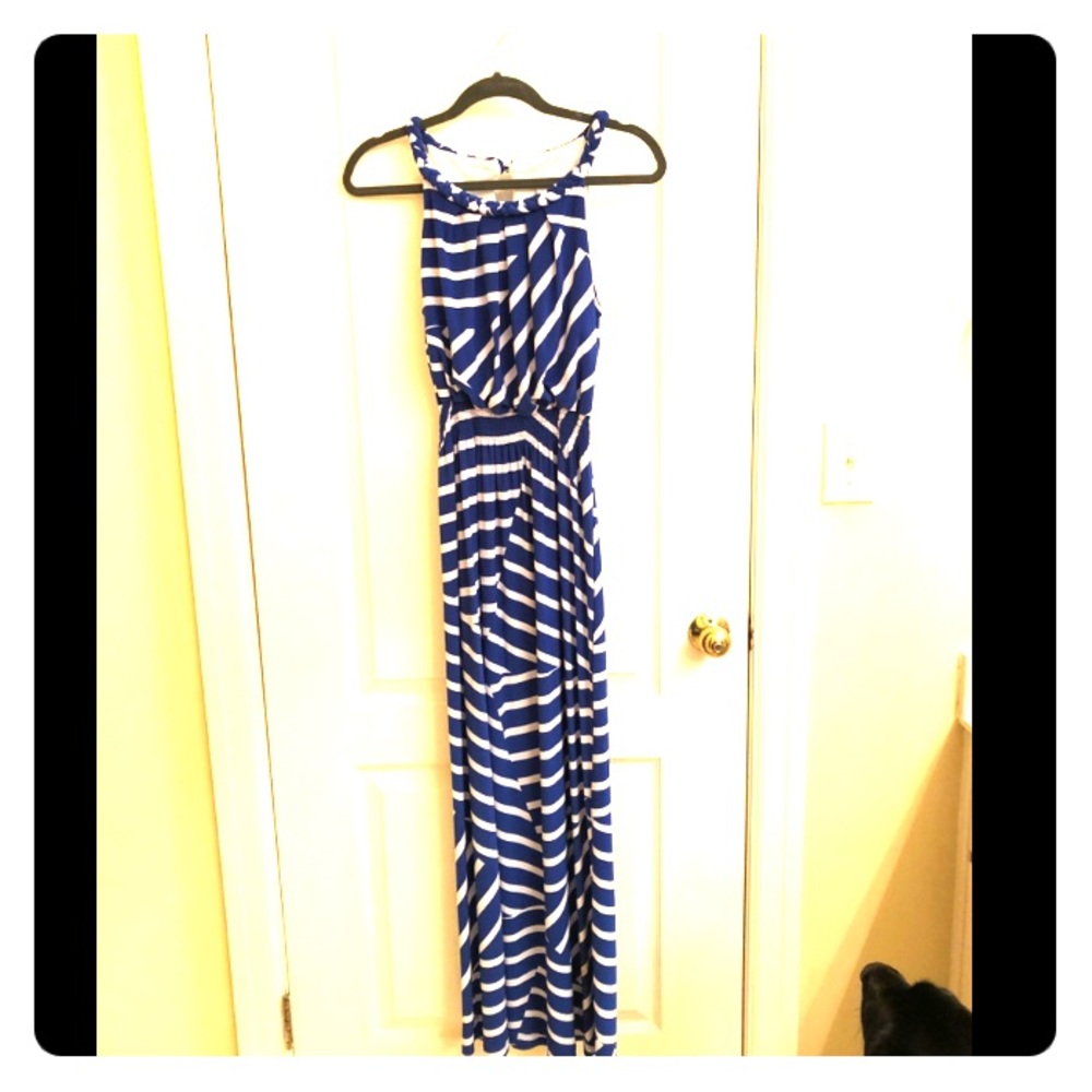 Blue and white striped maxi dress